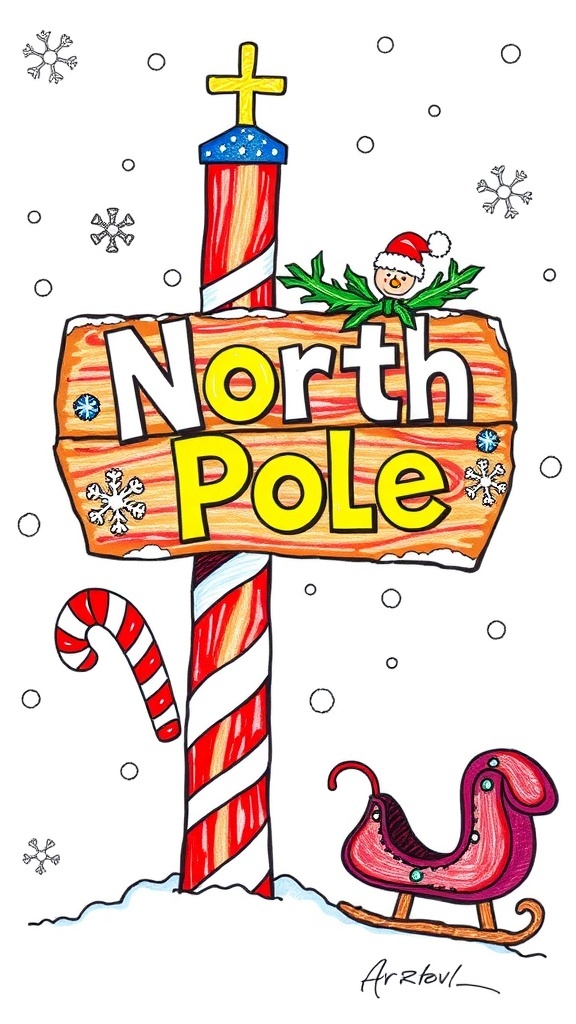 North Pole Sign Drawing for Christmas A vibrant drawing of a North Pole signpost decorated for Christmas with snowflakes and candy canes.